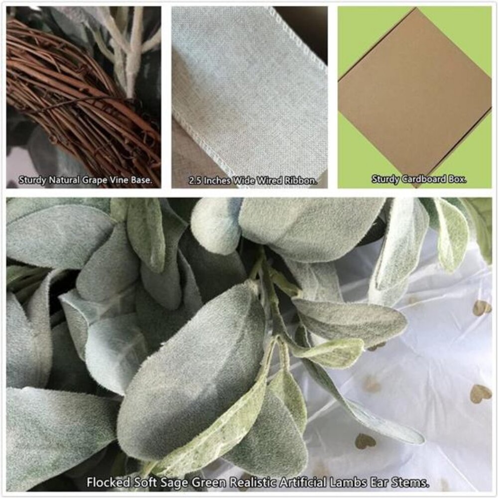 22 Inch Flocked Lambs Ear Wreaths for Front Door Wreaths for All Seasons Spring - Picture 3 of 6